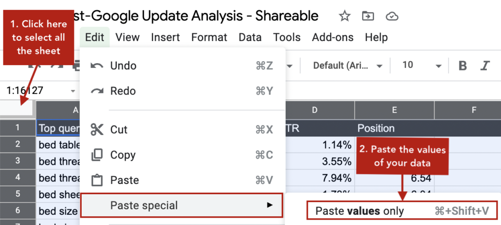 google sheets paste values